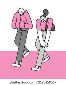 Shy Couple Walking Side by Side Hand Drawn Character Illustration