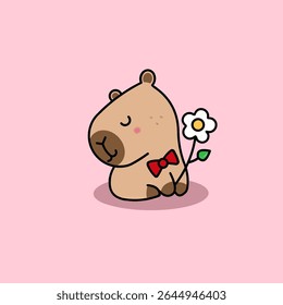 Capivara fofa tímida segurando uma flor de crisântemo em uma ilustração vetor doce.