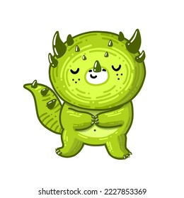 Shy cute dragon is perfect green character. Vector dinosaur in cartoon style