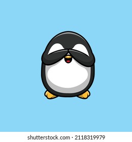 Shy Cute Penguin Cartoon Vector Icon Illustration. Animal Icon Concept Isolated Premium Vector. Flat Cartoon Style