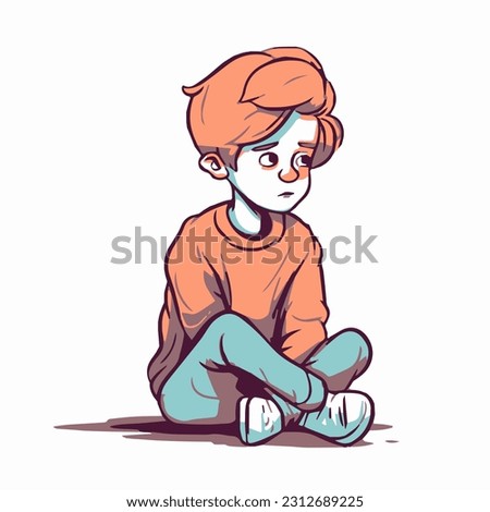 Shy and embarrassed boy with a worried face sitting on the floor. Concept of maladjusted children, social problems, shyness...