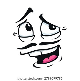 Shy face with timid smile and expression or bashful emotion with funny mustaches. Cartoon facial emotion or ingratiating emoji and coy smile emoticon icon of mood character with comic mouth and eyes