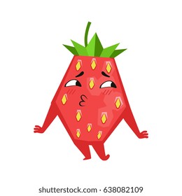 Shy funny strawberry. Cute cartoon emoji character vector Illustration