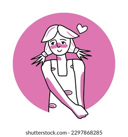 Shy girl with emotion of love, facial expression with gestures. Beloved teenager with ponytail hair, expressing her amour feelings. Pink vector circle icon.