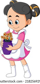 The shy girl is holding a flower vase while wearing apron of illustration