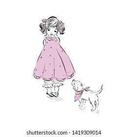 Shy girl in pink dress with puppy on the neck of which is tied a scarf in the color of the dress of his mistress. Princess in vintage style. 