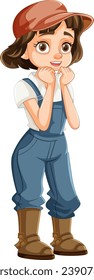 A shy girl with short hair and a cap, dressed in denim overalls