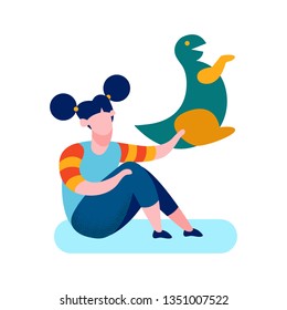 Shy Girl Soft Toy Cartoon Vector Illustration. Geek, Nerd Teenager with Dinosaur. Child in Room Alone. Plush Dragon. Flat Character Dreaming about Adventures. Woman Sitting on Bed, Floor