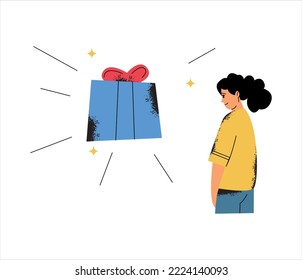 A shy girl is standing near the gift. Gift box. Waiting for a gift, a gift for a holiday