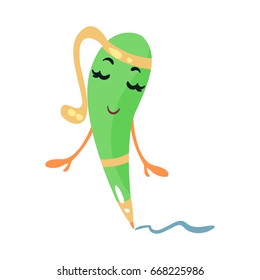 Shy green cartoon flirty humanized pen character vector Illustration
