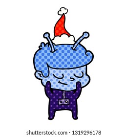 shy hand drawn comic book style illustration of a spaceman wearing santa hat