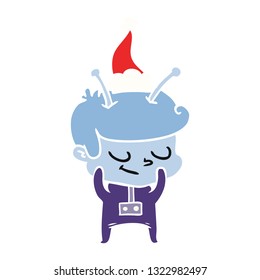 shy hand drawn flat color illustration of a spaceman wearing santa hat