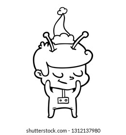 dibujo de una línea dibujada a mano tímida de un hombre espacial que lleva sombrero de santa