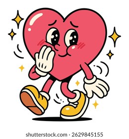 Shy heart character blushing and covering its mouth, surrounded by sparkles, ideal for romantic or affectionate concepts with a playful twist.
