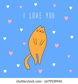 Shy hesitate cat card background. Funny handdrawn cat  childish art for design veterinary clinic poster, birthday gift card, kids party invitation, shop sale or t shirt print, bag cover etc. 