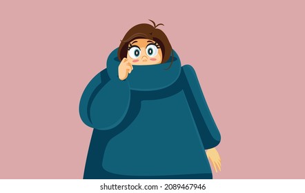Shy Introvert Girl Hiding in Her Oversized Sweater Vector Cartoon. insecure woman wearing extra-large clothing feeling anxious and 
