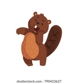 Shy little beaver with cute muzzle. Adorable forest animal with little ears, shaped tail and big teeth. Cartoon rodent character. Flat vector for sticker, print or book