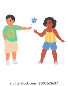 Shy little boy giving flower to girl vector illustration. Cute funny children isolated on white background. Male kid character presenting beautiful blossoms greeting friend with birthday party event