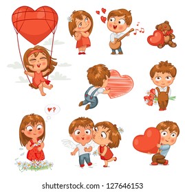 Shy little boy hiding behind a bouquet of flowers, draws with chalk heart, plays banjo and sings serenade, Little girl kissing boy on cheek, wonders for daisy, flying in balloon. Vector illustration