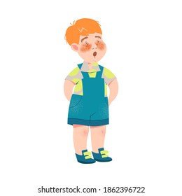 Shy Little Boy in Shortalls Standing with His Hands Behind Vector Illustration