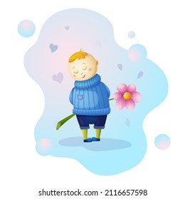 shy little boy standing and hide a flower behind his back. cute kid giving a flower. romantic baby character image. declaration of love concept or greeting card template. cartoon vector illustration