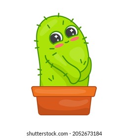 Shy little cactus in pot cartoon character sticker. Modest green plant with spikes. Flat vector illustration. Face expressions and emotions concept