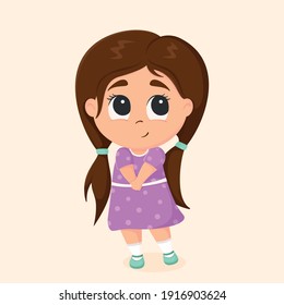 Shy little cartoon girl. Vector illustration of a cute baby. Girl in a purple dress. Isolated childish character on a white background.

