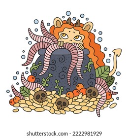 Shy little ginger faun girl. Adorable tiny spirit of nature. Autumn mouse creature with horns. Countryside farm monster. Season harvest. Cute vector illustration for kids. Isolated on white