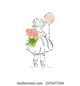 Shy little girl in dress with pink balloon and flowers