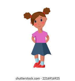 Shy little girl hiding hands cartoon vector illustration. Blushing kid character standing with hands behind