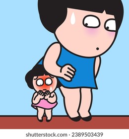 Shy Little Girl Is Hiding Under Mothers Skirt Concept Card Character illustration