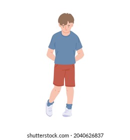 Shy little school boy hesitating about doing something or is offended by bully. Small kid behavior image, flat cartoon vector illustration isolated white background