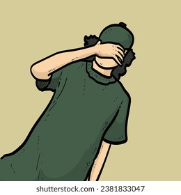 Shy man boy guy with nice cap and tshirt green Background vector modern illustration