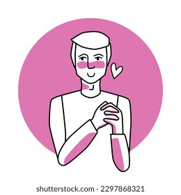 Shy man with emotion of love, facial expression with gestures. Beloved male with white hair, expressing his amour feelings. Pink vector circle icon.