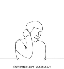 shy man smiles and smoothes his hair behind his ear - one line drawing vector. concept shy person, embarrassed by compliment or attention