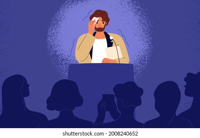 Shy man sweating, feeling fear and anxiety during public speaking. Nervous stressed speaker behind tribune. Fright of audience and stage speech concept. Flat vector illustration of frightened person