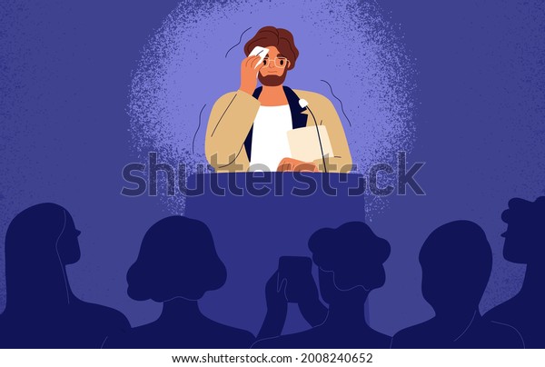 Shy man sweating, feeling fear and anxiety during\
public speaking. Nervous stressed speaker behind tribune. Fright of\
audience and stage speech concept. Flat vector illustration of\
frightened person
