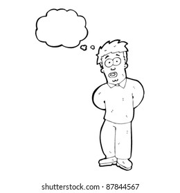 hombre tímido con la caricatura de burbuja de pensamiento