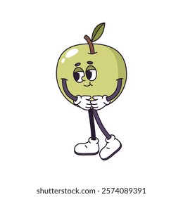 Shy or modest groovy retro cartoon character holding hand. Vector isolated vintage personage in shape of ripe berry with face, legs and arms in gloves, looking aside. Fruit comic mascot