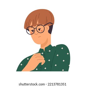 Shy Modest Man With Sad Confused Face Expression. Upset Humble Asian Guy In Glasses With Unhappy Gloomy Emotion, Negative Mood, Confusion. Flat Vector Illustration Isolated On White Background