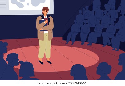 Shy nervous unconfident woman standing on stage before audience. Anxious frightened mute speaker. Fear of public speaking concept. Person feeling fright during her speech. Flat vector illustration