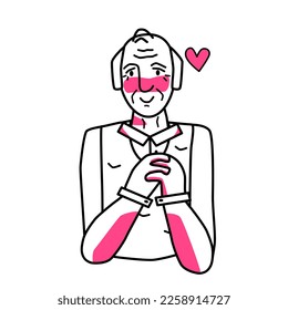 Shy old man with emotion of love. Beloved elderly half body drawing, sweetheart tender mood of grandfather, amour affection flirting. Line with pink spots style.