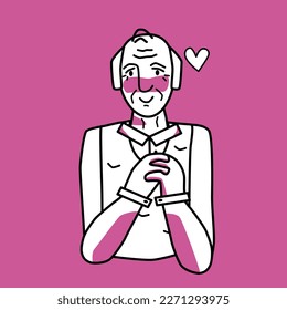 Shy old man with emotion of love, pink and white. Beloved elderly half body drawing, sweetheart tender mood of grandfather, amour affection flirting.