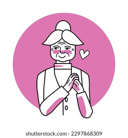 Shy old woman with emotion of love, facial expression with gestures. Beloved grandmother with white hair, expressing her amour feelings. Pink vector circle icon.