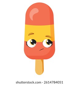 Shy orange and yellow ice cream with soft expression and big glossy eyes, isolated on white background, ideal for kids food illustrations, character sets and emotional summer designs