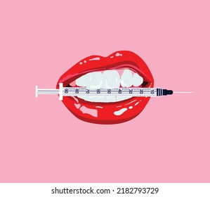 Ligeros rojos tímidos sujetando una jeringa. Concepto de belleza de labios llenos de labios. Logo de la enfermera esteticista