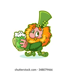 Shy red-haired gnome in green costume with mug green beer in his hands. Shaggy leprechaun celebrating St Patrick's Day. Dwarf with very big hat. Funny cartoon character on a white background.