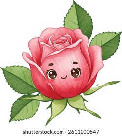 Shy Rosebud Character Peeking from Behind Leaves