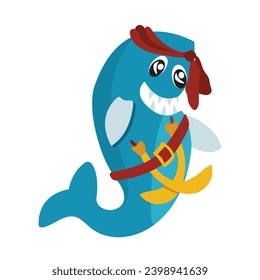 Shy shark pirate. Funny cute character in cartoon style. Vector illustration isolated on white background.