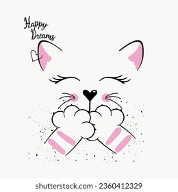 shy smiling sweet dreamer cat vector for t-shirt pajamas or sweatshirt